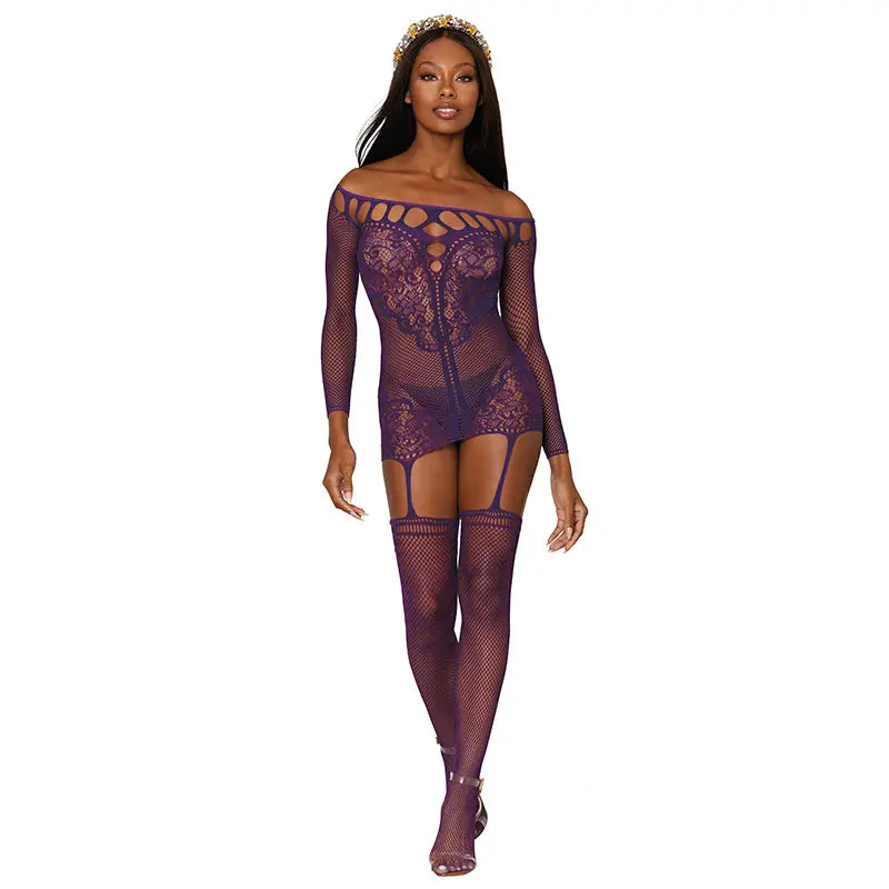 Dreamgirl Fishnet Lace Garter Dress With Attached Stockings Aubergine O/S  Lingerie - Dresses