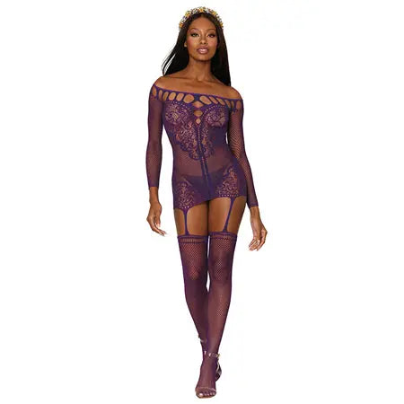 Dreamgirl Fishnet Lace Garter Dress With Attached Stockings Aubergine O/S  Lingerie - Dresses