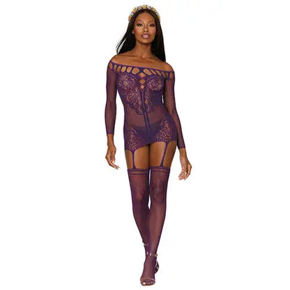 Dreamgirl Fishnet Lace Garter Dress With Attached Stockings Aubergine O/S  Lingerie - Dresses