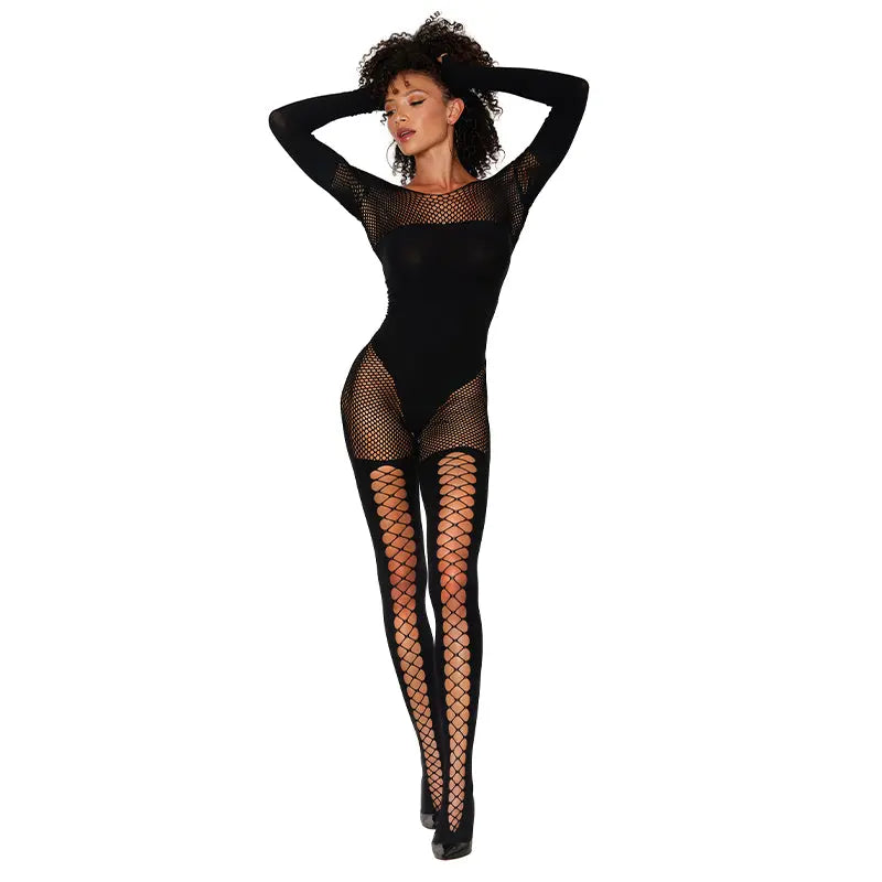 Dreamgirl Fishnet Teddy Bodystocking Black O/S  Lingerie - Body Stockings