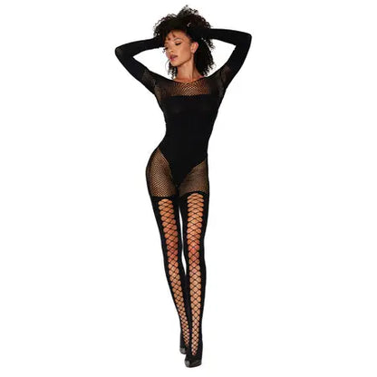 Dreamgirl Fishnet Teddy Bodystocking Black O/S  Lingerie - Body Stockings