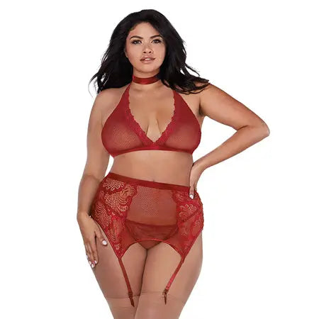 Dreamgirl Fishnet and Lace Four-Piece Set With Stretch Velvet Trim Accents Garnet Queen  Lingerie - Bra and Panty sets
