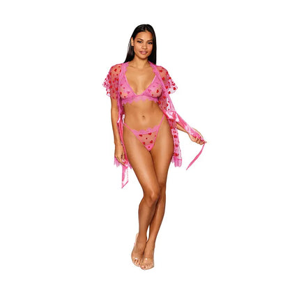 Dreamgirl Flocked Heart Mesh and Eyelash Lace Robe, Bralette, and G-string Set Peony XL  Lingerie - Bra and Panty sets