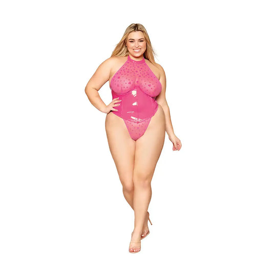Dreamgirl Flocked Heart Stretch Mesh and Stretch Vinyl Halter Teddy Peony 1XL  Lingerie - Baby dolls Chemises etc