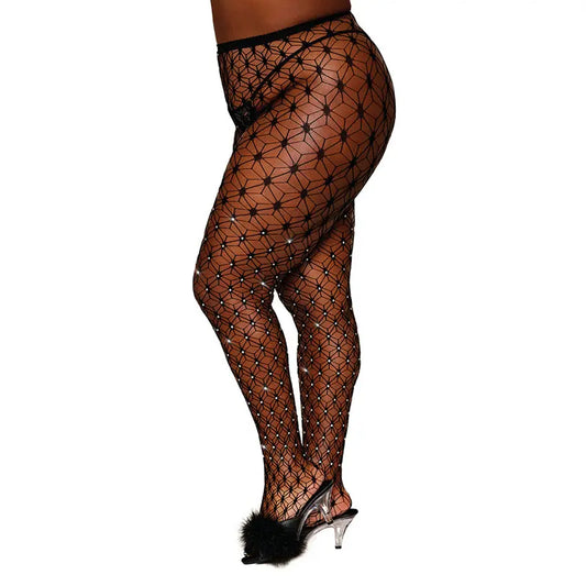 Dreamgirl Geometric Fence Net Pantyhose with Rhinestone Embellishment Black Queen Size  Lingerie - Stockings & Leggings