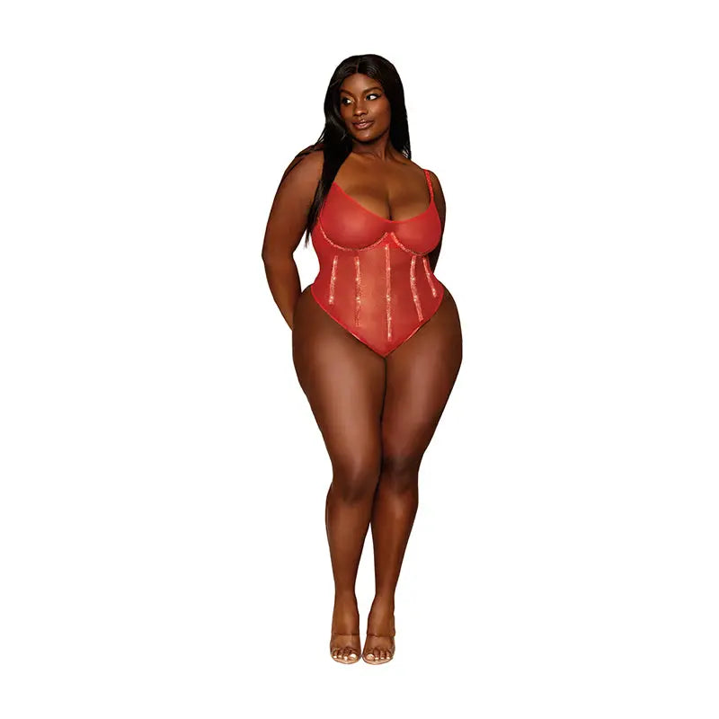 Dreamgirl Gold-foiled Stretch Mesh Teddy with Rhinestone Detailing and Heat-Sealed Edges Ruby 1XL  Lingerie - Baby dolls Chemises etc