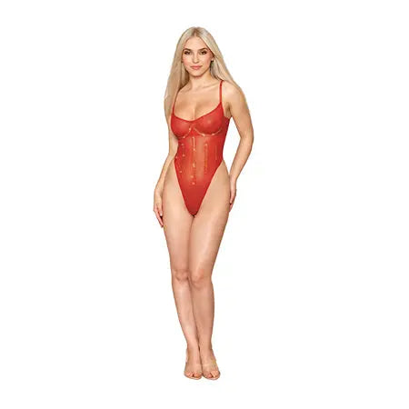 Dreamgirl Gold-foiled Stretch Mesh Teddy with Rhinestone Detailing and Heat-Sealed Edges Ruby S  Lingerie - Baby dolls Chemises etc