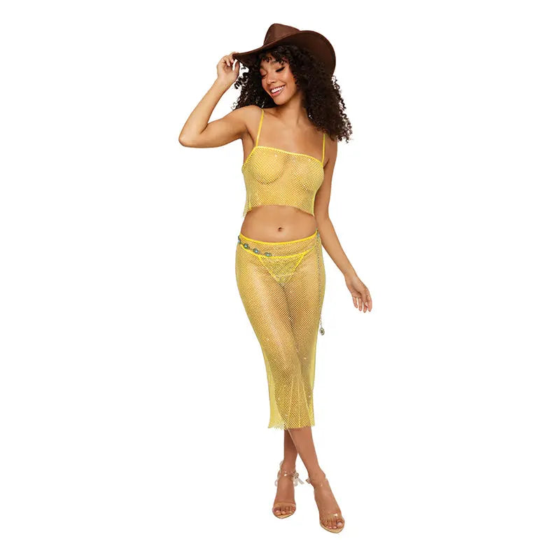 Dreamgirl Iridescent Rhinestone Embellished Fishnet Camisole and G-string Set Citrus L  Lingerie - Bra and Panty sets