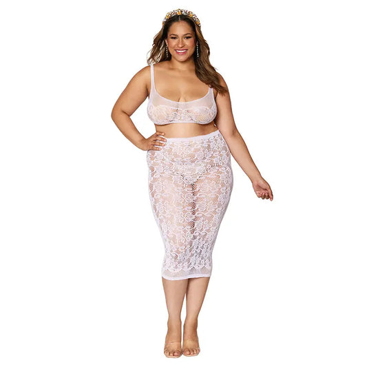 Dreamgirl Lace Fishnet Bralette & Slip Skirt White Queen Size  Lingerie - Club Wear