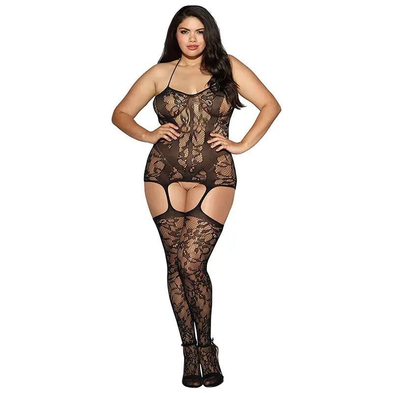 Dreamgirl Lace Fishnet Halter Garter Dress With Opaque Bodice Style Lines Black Queen  Lingerie - Dresses