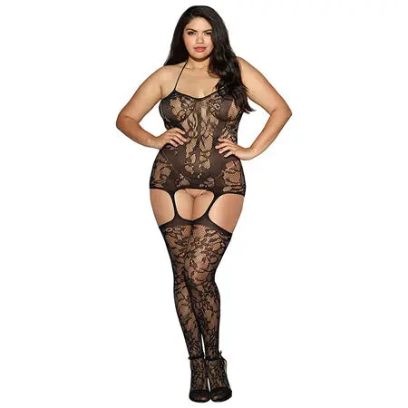 Dreamgirl Lace Fishnet Halter Garter Dress With Opaque Bodice Style Lines Black Queen  Lingerie - Dresses