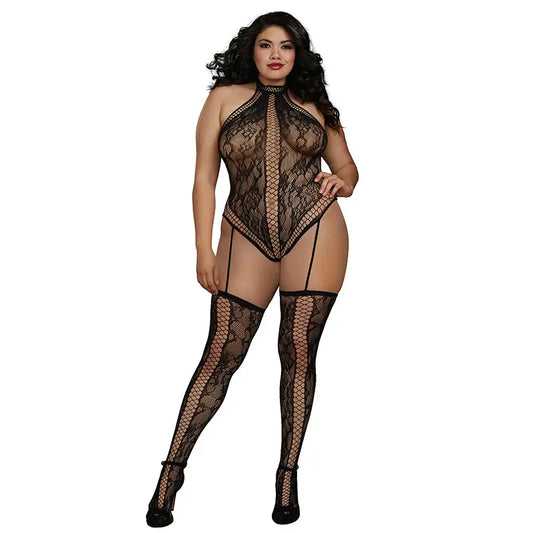 Dreamgirl Lace Teddy Bodystocking With Criss-Cross Details, Halter Neckline Black Queen  Lingerie - Body Stockings