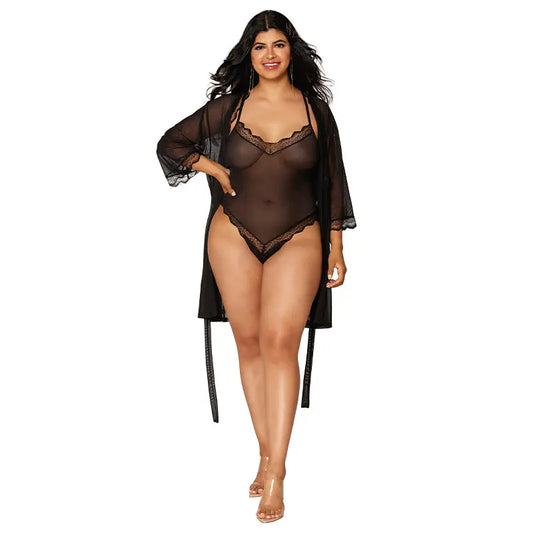 Dreamgirl Mesh Robe & Strappy Back Teddy With Lace Trim Black 1XL Hanging  Lingerie - Baby dolls Chemises etc