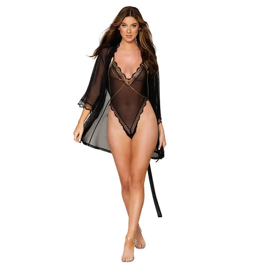 Dreamgirl Mesh Robe & Strappy Back Teddy With Lace Trim Black XL Hanging  Lingerie - Baby dolls Chemises etc