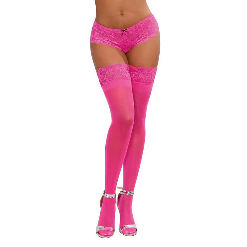 Dreamgirl Neon Pink Sheer Thigh-High Stockings With Silicone Lace Top Pink OS  Lingerie - Stockings & Leggings