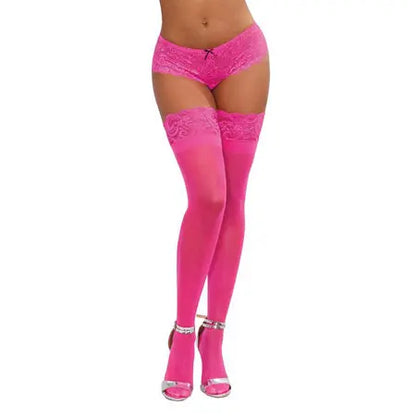 Dreamgirl Neon Pink Sheer Thigh-High Stockings With Silicone Lace Top Pink OS  Lingerie - Stockings & Leggings
