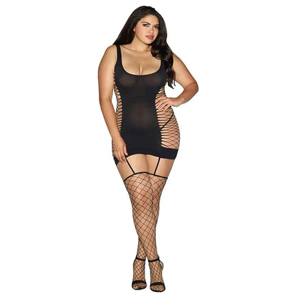Dreamgirl Opaque Fence-Net Garter Dress With Attached Thigh-Highs Black Queen  Lingerie - Dresses