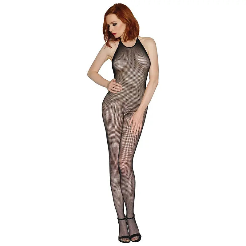 Dreamgirl Seamless Fishnet Bodystocking with Halter Neck, Open Crotch and Low Back Black OS  Lingerie - Body Stockings