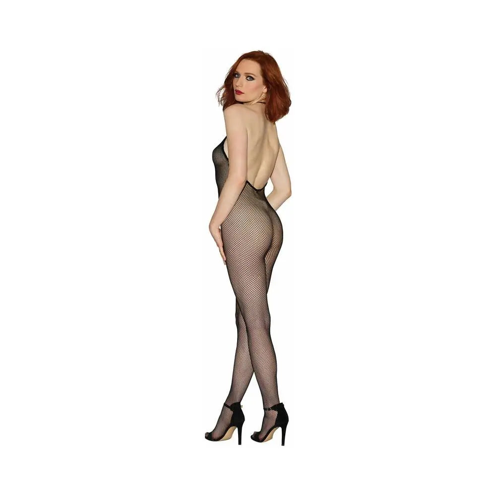 Dreamgirl Seamless Fishnet Bodystocking with Halter Neck, Open Crotch and Low Back Black OS  Lingerie - Body Stockings