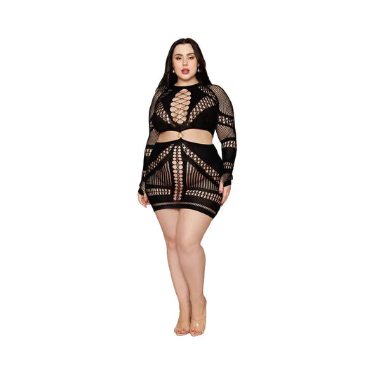 Dreamgirl Seamless Fishnet Chemise with Ring Detail Black Queen Size  Lingerie - Baby dolls Chemises etc