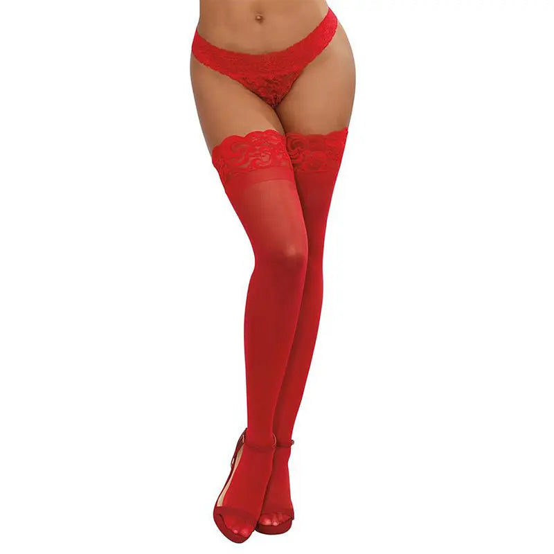 Dreamgirl Sheer Thigh-High Stockings with Silicone Lace Top Red OS  Lingerie - Stockings & Leggings