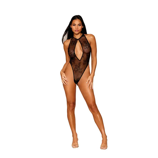 Dreamgirl Stretch Lace Halter Teddy with Keyhole Neckline and Open Rhinestone Fringe Back Black XL  Lingerie - Baby dolls Chemises etc