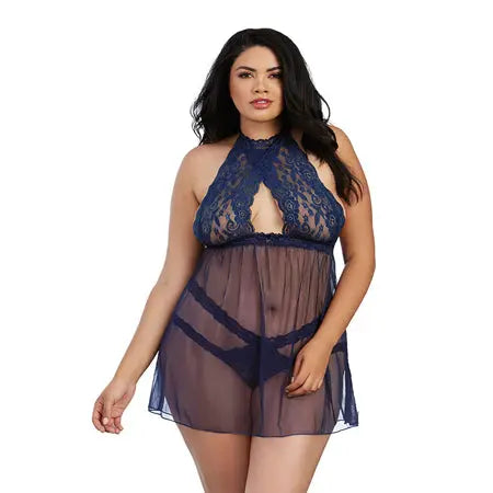 Dreamgirl Stretch Lace & Mesh Babydoll with High-Neck Halter Styling Midnight Queen  Lingerie - Baby dolls Chemises etc
