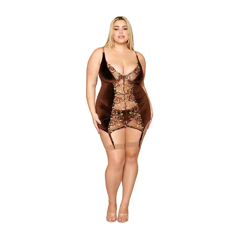Dreamgirl Stretch Velvet and Embroidered Band Garter Slip and G-String Set Espresso 2XL  Lingerie - Baby dolls Chemises etc