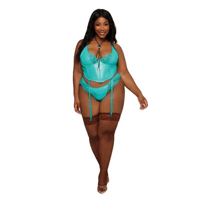 Dreamgirl Stretch Vinyl and Lace Bustier and G-string Set Ocean 1XL  Lingerie - Bra and Panty sets