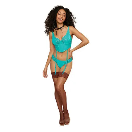 Dreamgirl Stretch Vinyl and Lace Bustier and G-string Set Ocean L  Lingerie - Bra and Panty sets