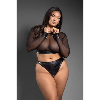 Embossed Faux Leather Mesh Long Sleeve Top & Crotchless Thong Queen Size  Lingerie - Club Wear
