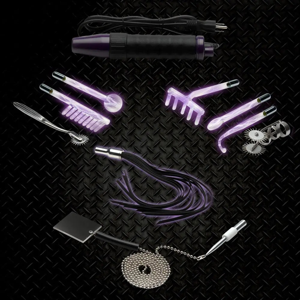Erotic Electrostimulation Kit - Ultra Neo Violet Wand 10 Piece Set  E-Stim Bondage Kit