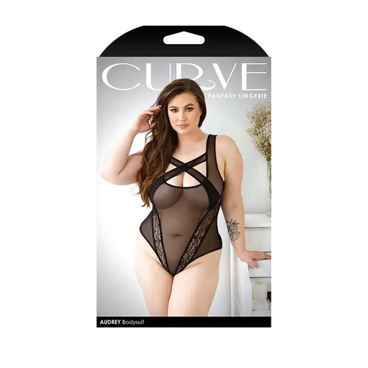 Fantasy Lingerie Curve Audrey Criss-Cross Mesh Bodysuit Black 3XL/4XL  Lingerie - Body Stockings