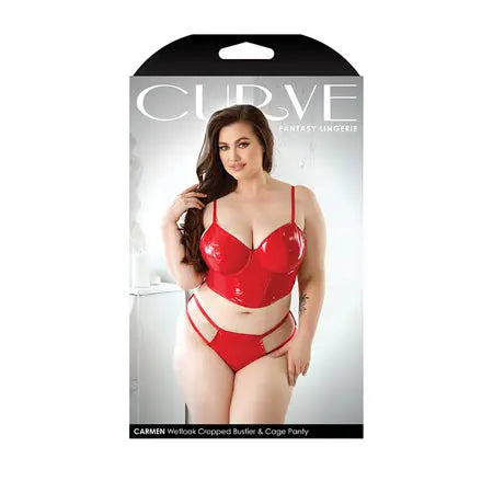 Fantasy Lingerie Curve Carmen Wetlook Cropped Bustier & Matching Cage Panty Red 3XL/4XL  Lingerie - Bra and Panty sets