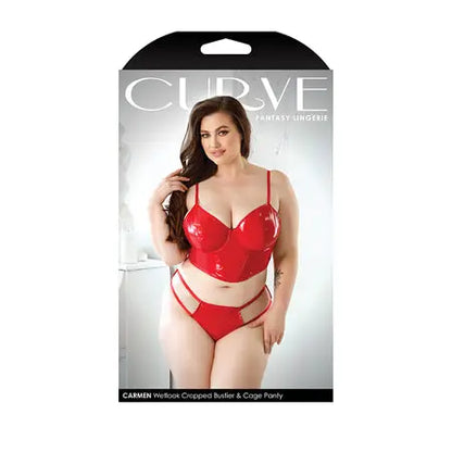 Fantasy Lingerie Curve Carmen Wetlook Cropped Bustier & Matching Cage Panty Red 3XL/4XL  Lingerie - Bra and Panty sets