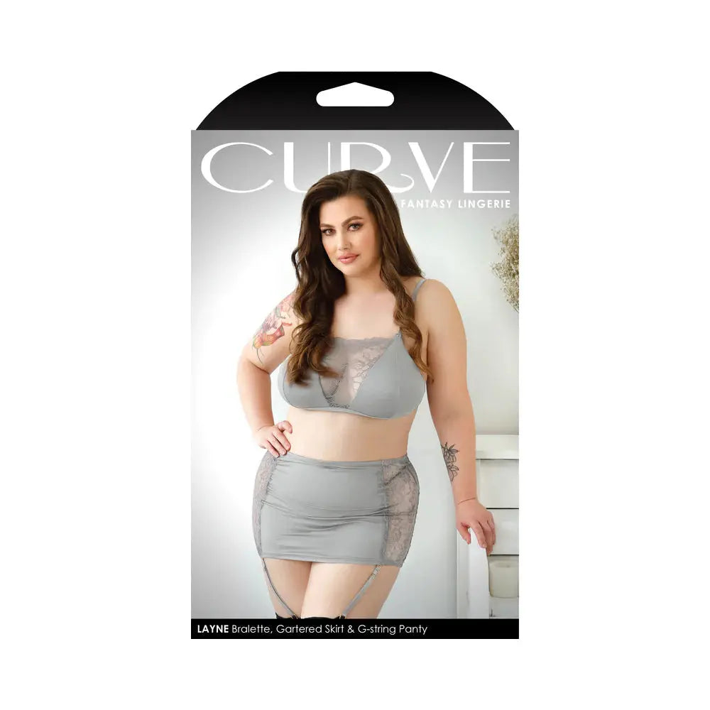 Fantasy Lingerie Curve Layne Lace Panel Bralette, Gartered Skirt, G-String Gray XL/2XL  Lingerie - Bra and Panty sets