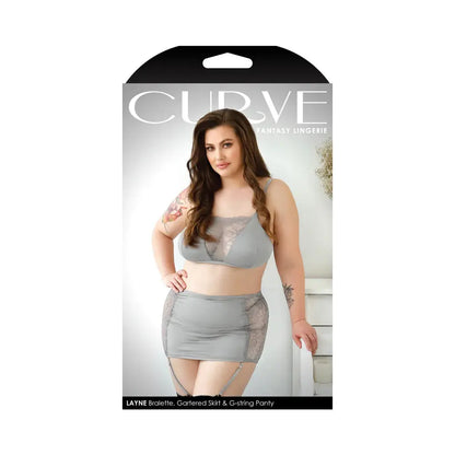 Fantasy Lingerie Curve Layne Lace Panel Bralette, Gartered Skirt, G-String Gray XL/2XL  Lingerie - Bra and Panty sets