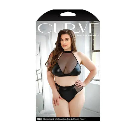 Fantasy Lingerie Curve Rebel Chain Back Wetlook Bra Top & Matching Thong Panty Black 3XL/4XL  Lingerie - Bra and Panty sets