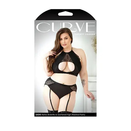 Fantasy Lingerie Curve Sadie Halter Bralette, Gartered High-Waisted Panty Black 3XL/4XL  Lingerie - Bra and Panty sets