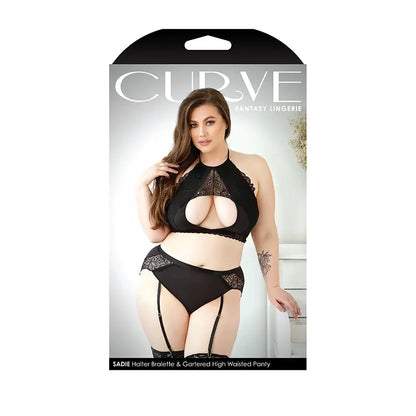 Fantasy Lingerie Curve Sadie Halter Bralette, Gartered High-Waisted Panty Black XL/2XL  Lingerie - Bra and Panty sets