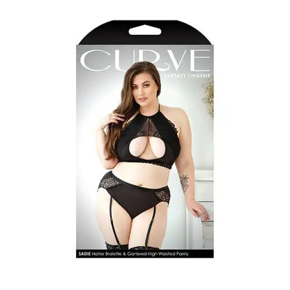 Fantasy Lingerie Curve Sadie Halter Bralette, Gartered High-Waisted Panty Black XL/2XL  Lingerie - Bra and Panty sets
