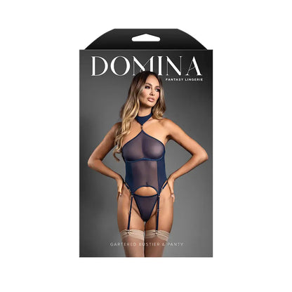 Fantasy Lingerie Domina Gartered Mesh Monowire Bustier with Detachable Choker Halter & G-String M/L  Lingerie - Corsets