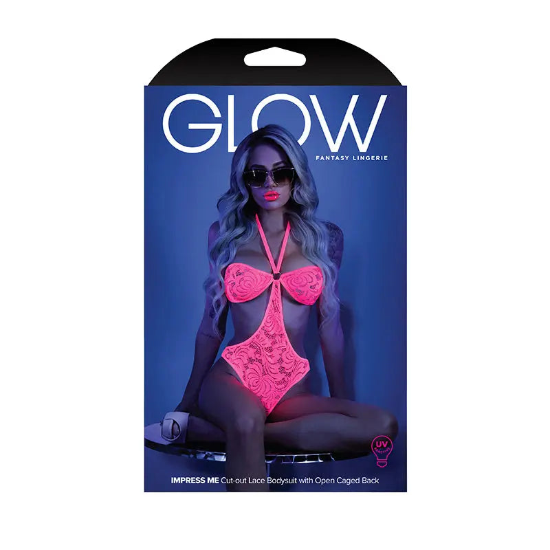 Fantasy Lingerie Glow Impress Me Lace Bodysuit With Open-Cage Back Neon Pink S/M  Lingerie - Bra and Panty sets