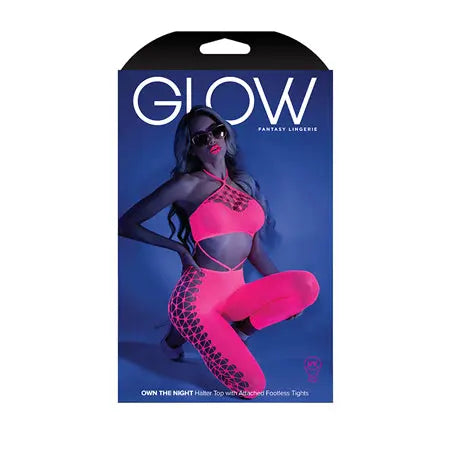 Fantasy Lingerie Glow Own The Night Cropped Cut-Out Halter Bodystocking Neon Pink O/S  Lingerie - Body Stockings