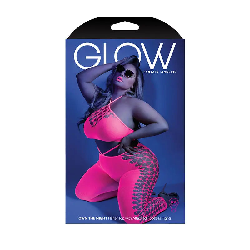 Fantasy Lingerie Glow Own The Night Cropped Cut-Out Halter Bodystocking Neon Pink Queen Size  Lingerie - Body Stockings
