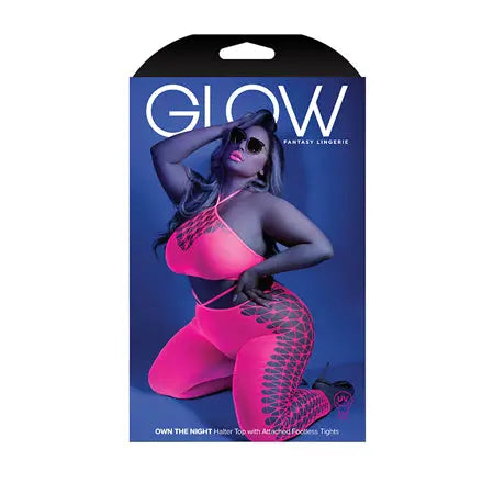 Fantasy Lingerie Glow Own The Night Cropped Cut-Out Halter Bodystocking Neon Pink Queen Size  Lingerie - Body Stockings