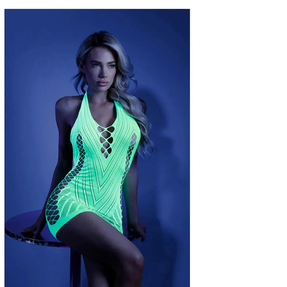 Fantasy Lingerie Glow Shock Value Net Halter Dress Neon Green O/S  Lingerie - Dresses