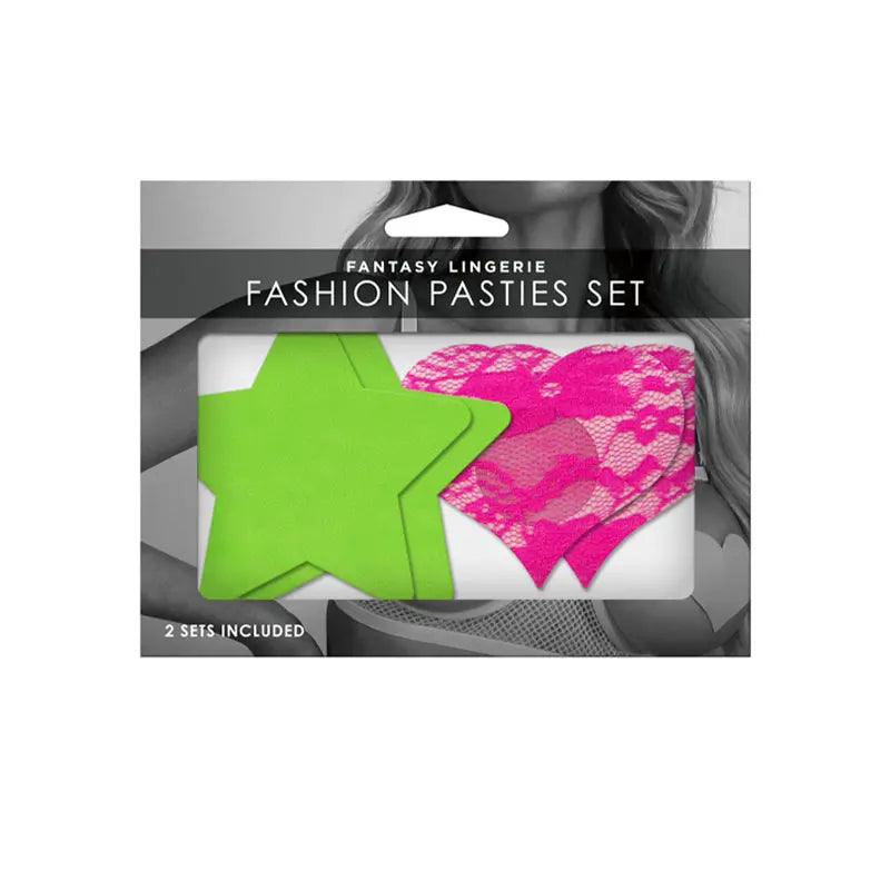 Fantasy Lingerie Neon Pasties 2-Pack Solid Neon Green Star & Neon Pink Lace Heart  Lingerie - Pasties and Tassels