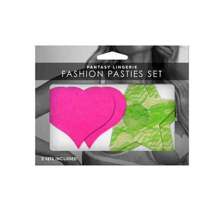 Fantasy Lingerie Neon Pasties 2-Pack Solid Neon Pink Heart & Neon Green Lace Star  Lingerie - Pasties and Tassels