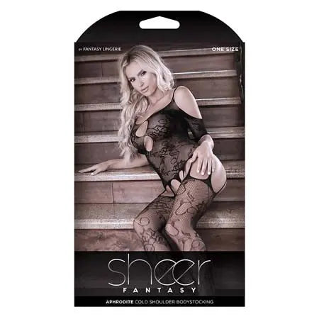 Fantasy Lingerie Sheer Aphrodite Floral Net Cold Shoulder Gartered Bodystocking O/S  Lingerie - Body Stockings
